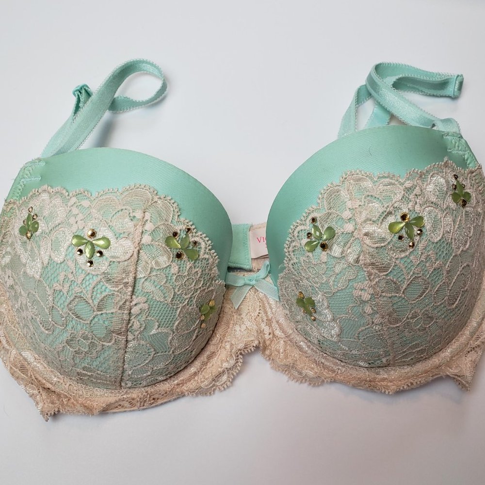 Victoria's Secret Dream Angels Teal blue and cream Crystal Bra